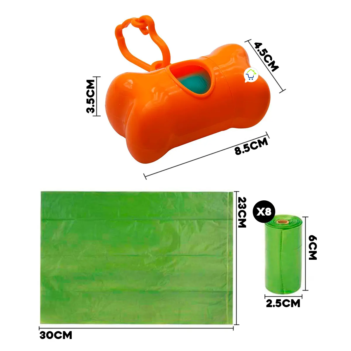 Set de 4 dispensadores en forma de hueso con bolsas para mascotas, en color naranja.
