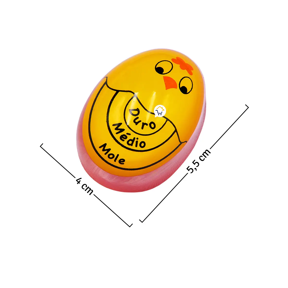 Huevo temporizador para cocción perfecta, amarillo con escala "duro, medio, mole", 5.5 y 4 cm.