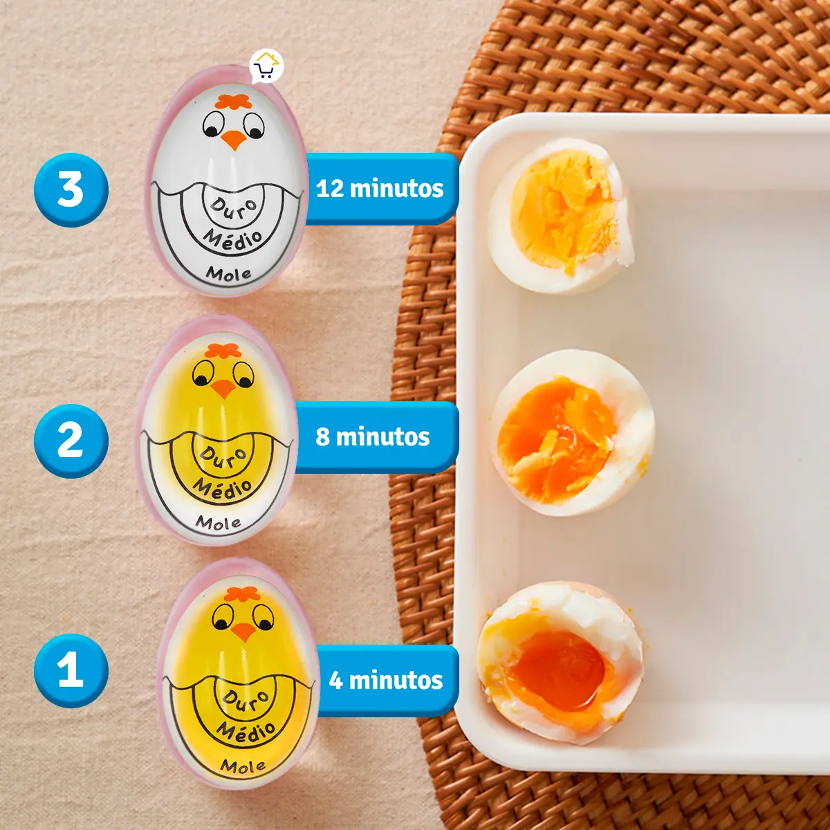 Set x2 Egg Timer para cocción perfecta: 12, 8 y 4 minutos. Huevos cocidos a punto.