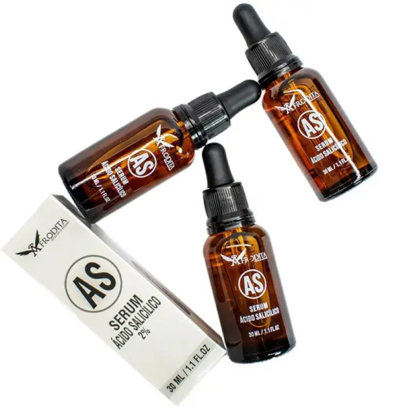 Ácido Salicílico Afrodita serum 30ml con gotero, tres botellas y caja.