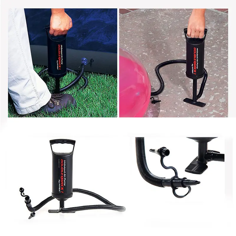 Inflador manual de alta presión y velocidad con 3 boquillas, ideal para colchones y balones.