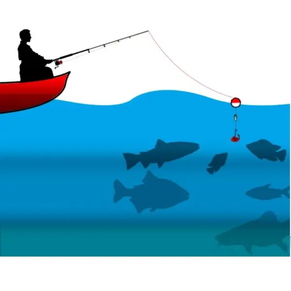 Set x2 juego flotadores pesca: pescador en bote, anzuelo y peces bajo agua.