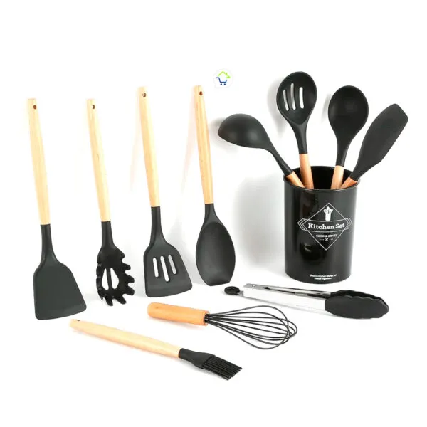 Juego de 12 utensilios de silicona resistentes al calor con mangos de madera, ideal para cocina.