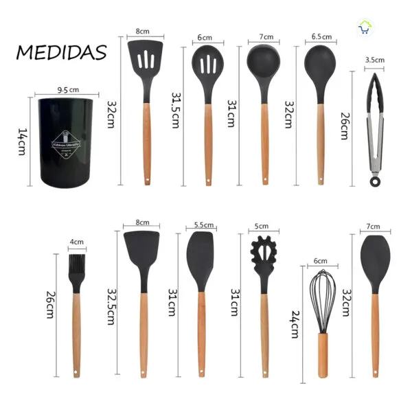 Juego de 12 utensilios de cocina de silicona resistentes al calor con soporte negro, incluye espátulas, cucharas y batidor.