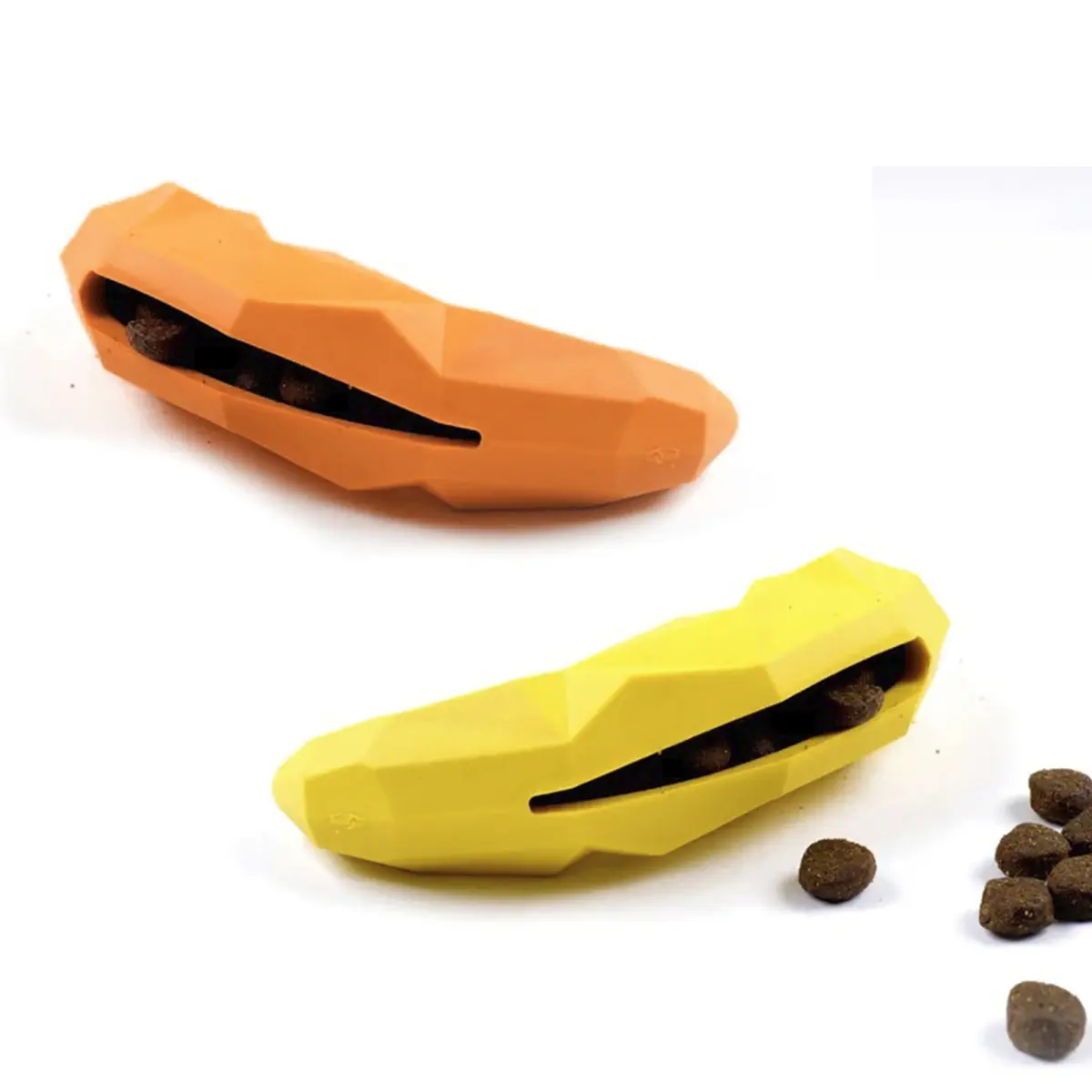 Set x2 juguete para perros interactivo masticable porta croquetas naranja y amarillo.