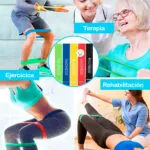 Set de 5 bandas elásticas para ejercicio, terapia y rehabilitación. Colores y niveles de resistencia.