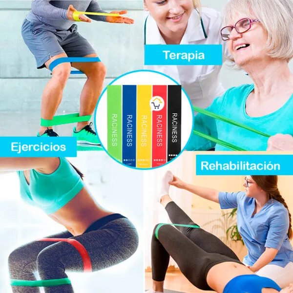 Set de 5 bandas elásticas para ejercicio, terapia y rehabilitación. Colores y niveles de resistencia.