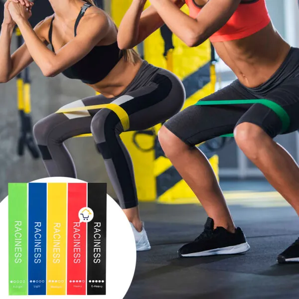 Set x2 juegos de 5 bandas elásticas para ejercicios, mujeres haciendo sentadillas con bandas de resistencia.