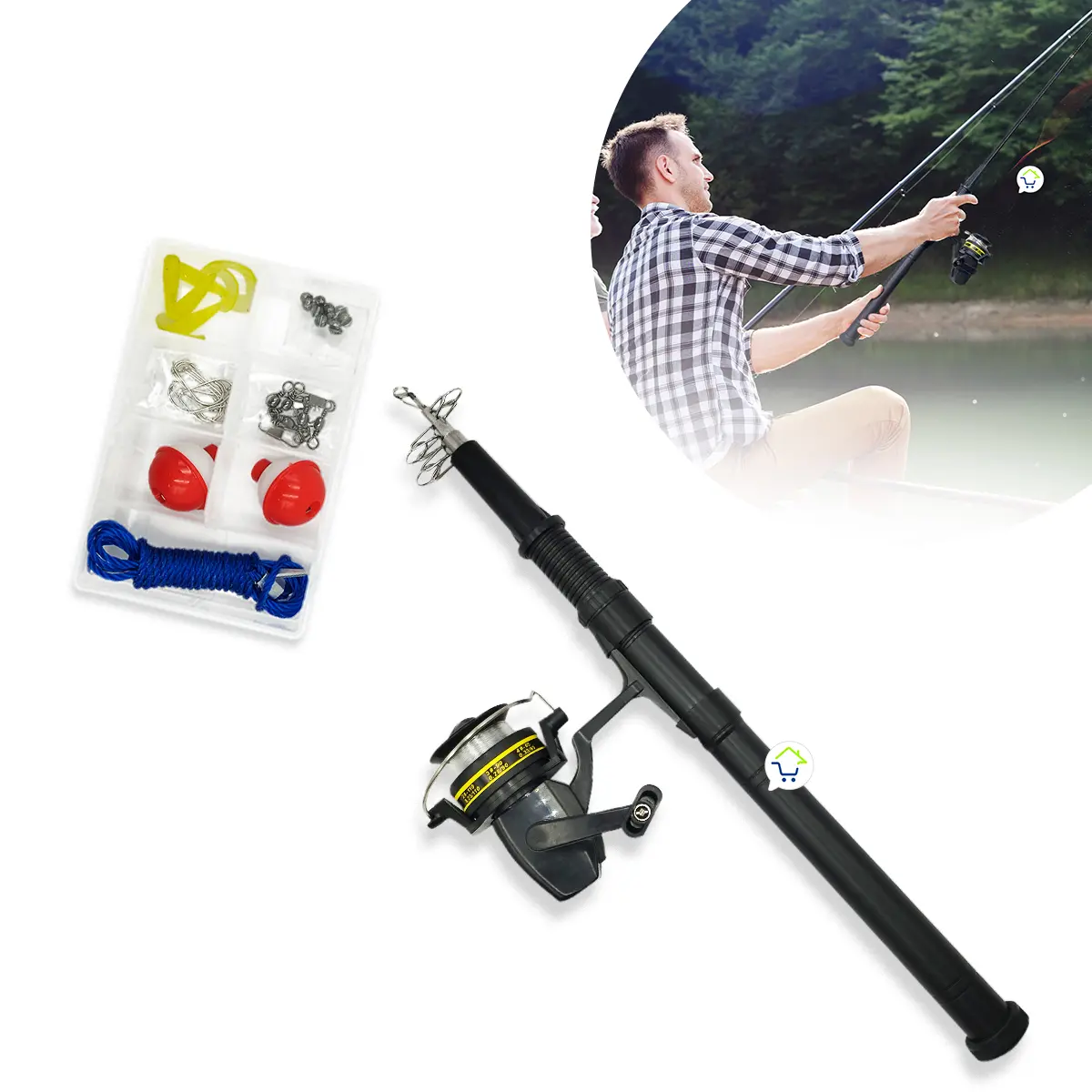 Kit caña de pescar, anzuelos, señuelos y carrete para pesca deportiva en exteriores.
