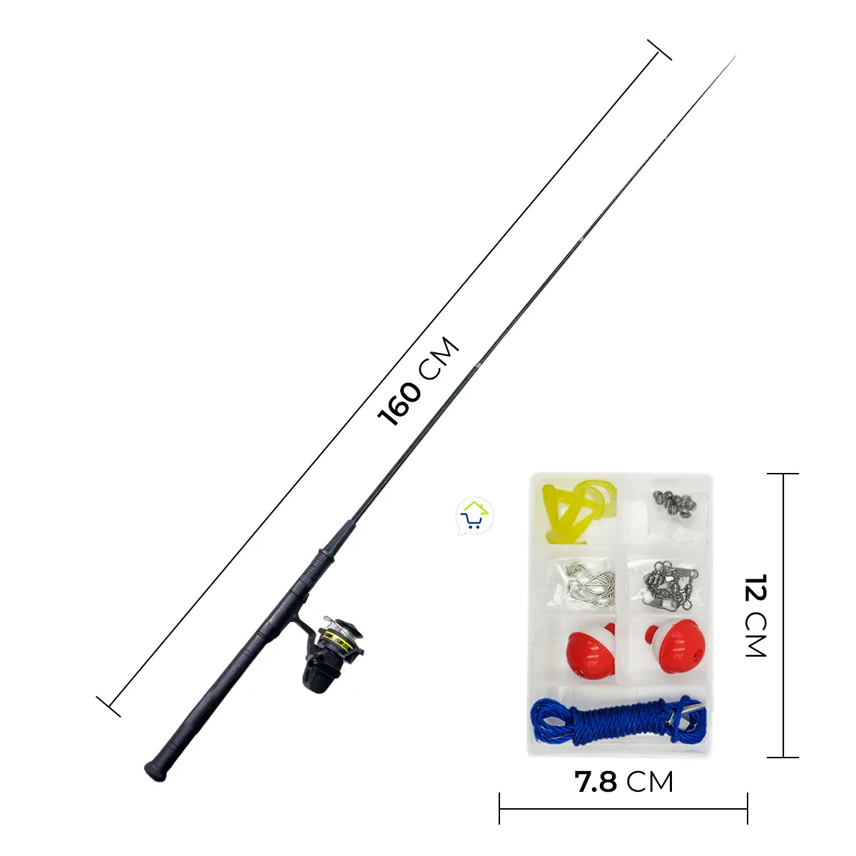 Kit caña de pescar 160cm con anzuelos, señuelos, y carrete para pesca deportiva.