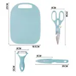 Kit cocina 4 piezas: tabla, cuchillo, tijera y pelador en color azul claro.