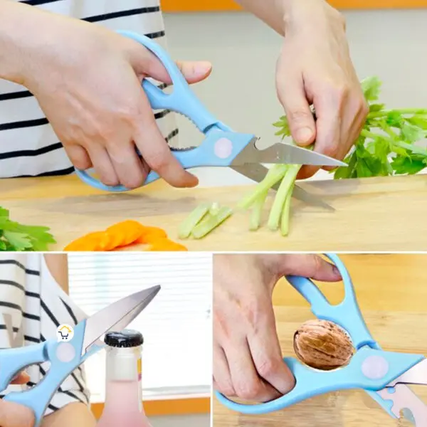 Tijeras de cocina azules multiusos cortando apio, abriendo botella y rompiendo nueces.