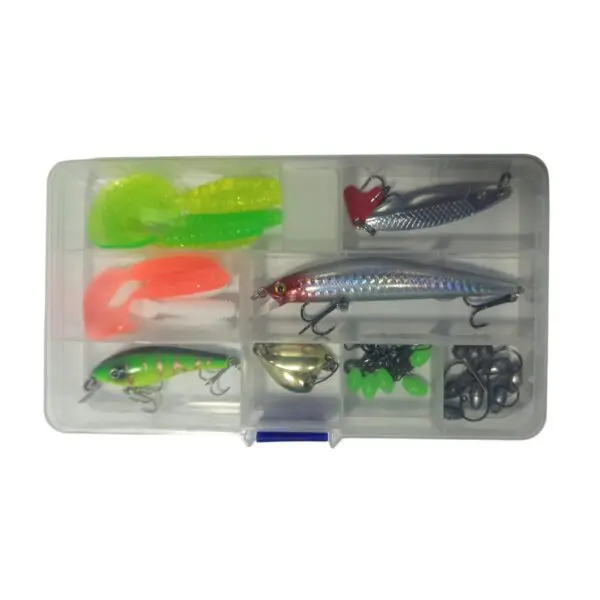Kit de pesca: 38 accesorios, señuelos, anzuelos y plomos para pesca deportiva.