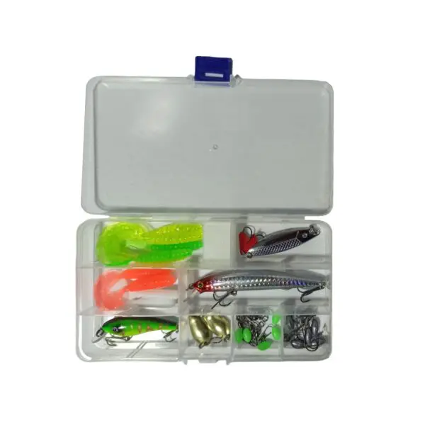 Kit de accesorios para pesca con señuelos, anzuelos y plomadas en caja organizadora.
