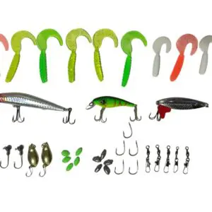 Kit de pesca de 38 piezas con señuelos, anzuelos, plomos y giratorios para pesca deportiva.