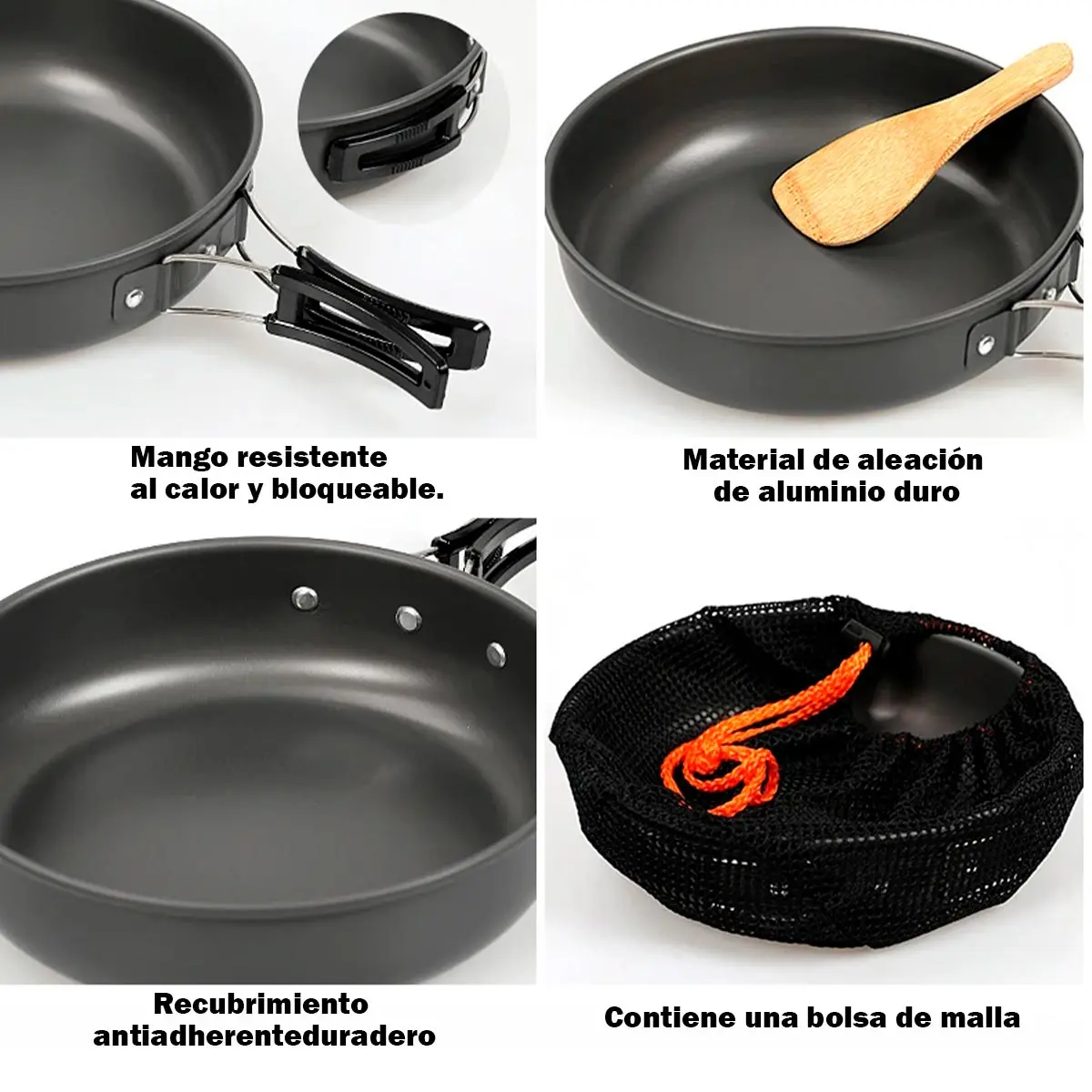 Kit de camping: sartén de aluminio con mango resistente, antiadherente y bolsa de malla.