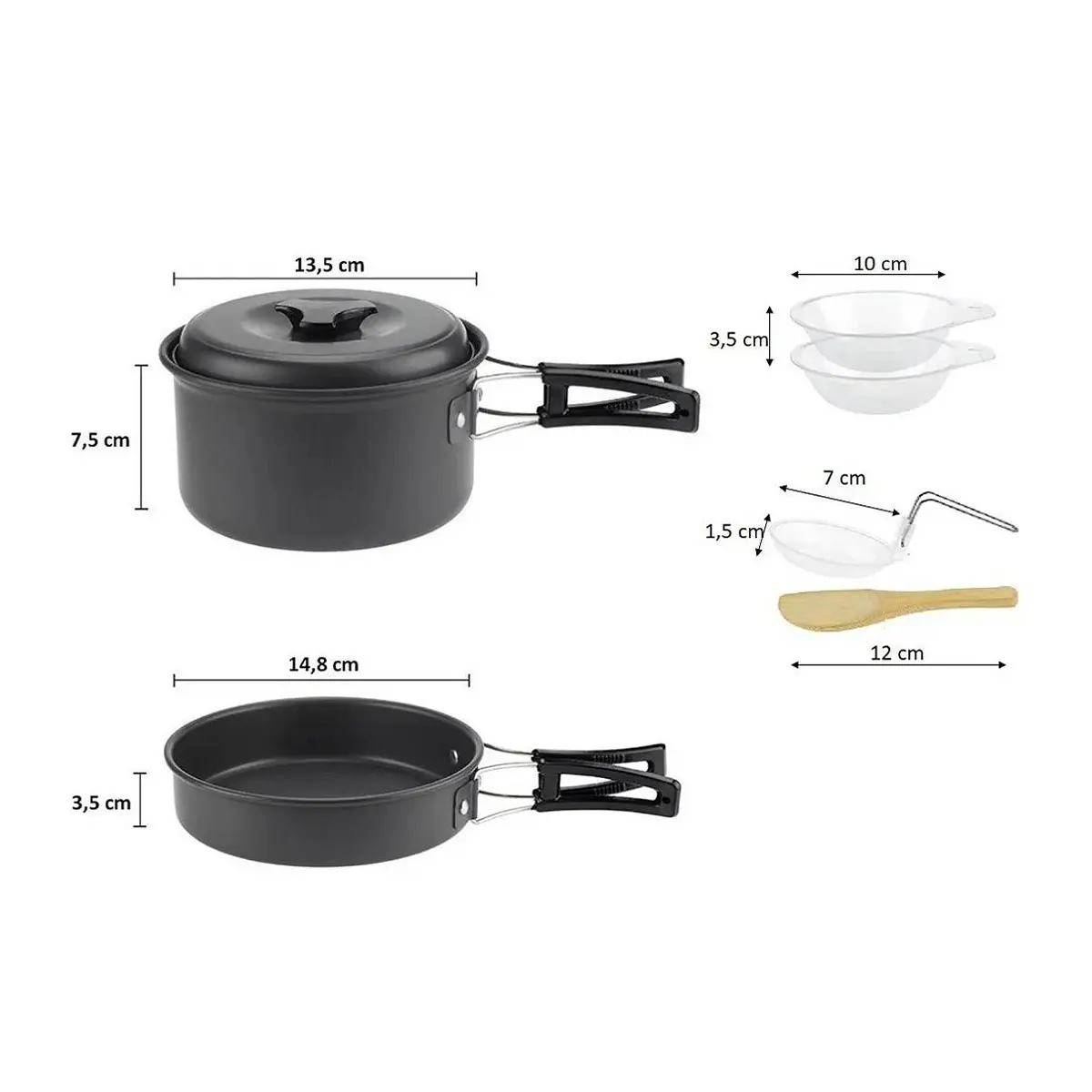 Kit de camping: olla, sartén, dos platos y espátula de madera.