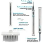 Kit limpieza 5 en 1 para audífonos y teclados. Incluye punta metálica, cepillo, extractor, esponja.