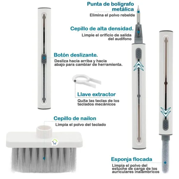Kit limpieza 5 en 1 para audífonos y teclados. Incluye punta metálica, cepillo, extractor, esponja.