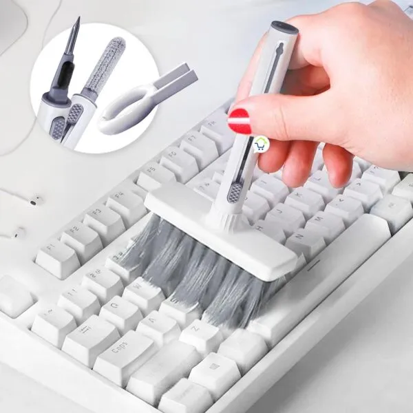 Kit limpieza 5 en 1: cepillo para teclado, accesorio multifunción para audífonos y electrónica.