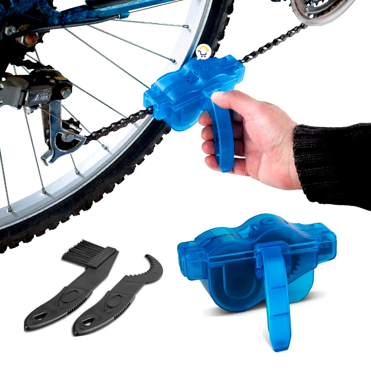 Kit limpieza cadena bicicleta: cepillo, limpiador y herramienta de mantenimiento.