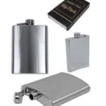 Licorera en acero inoxidable de 5 oz con estuche, vista de frente, lateral y superior.