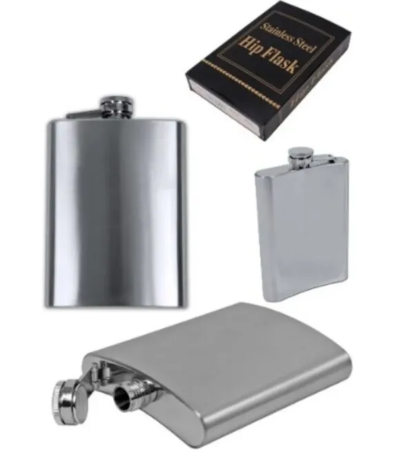 Licorera en acero inoxidable de 5 oz con estuche, vista de frente, lateral y superior.