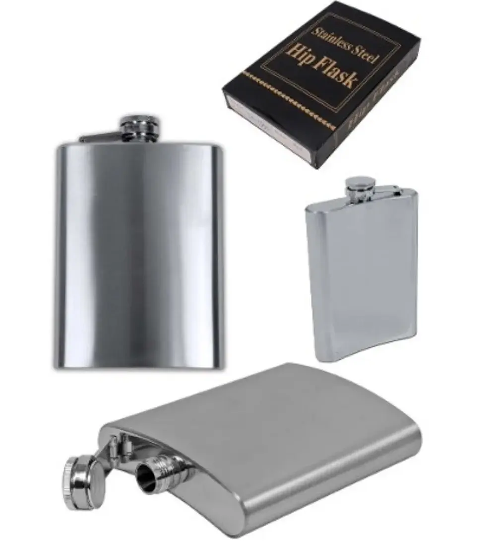 Licorera en acero inoxidable de 5 oz con estuche, vista de frente, lateral y superior.