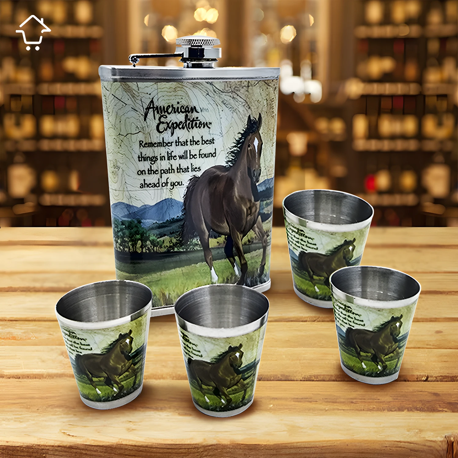 Licorera de acero inoxidable con caballos y 4 copas, ideal para expediciones.