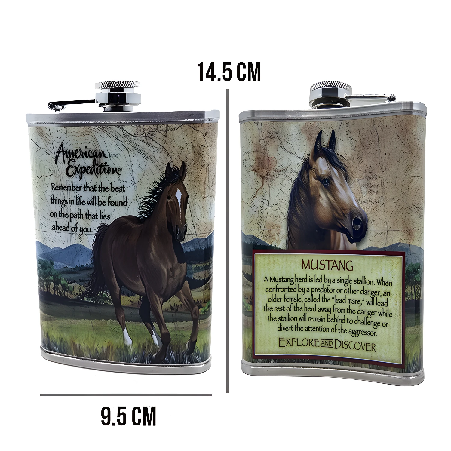 Licorera de acero inoxidable con estampado de caballos salvajes y texto "American Expedition".