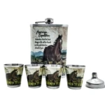 Licorera de acero inoxidable de 9 oz con diseño de caballo, 4 copas y embudo.