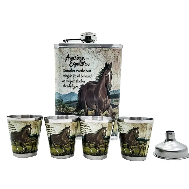 Licorera de acero inoxidable de 9 oz con diseño de caballo y 4 copas a juego.