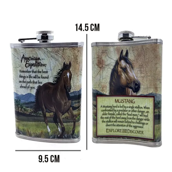 Licorera de acero inoxidable con diseño de caballos y texto "American Expedition".