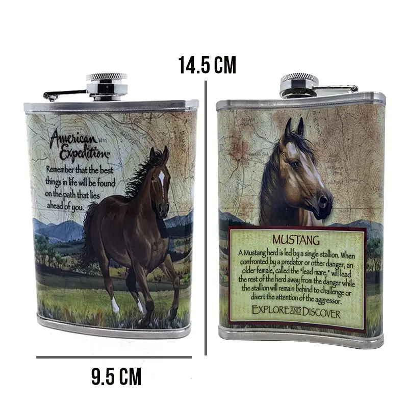 Licorera de acero inoxidable con diseño de caballos y texto "American Expedition".