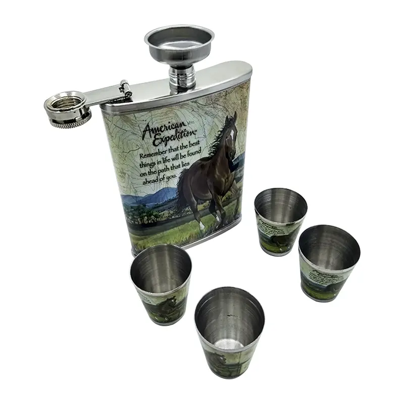 Licorera de acero inoxidable de 9 oz con diseño de caballo americano y 4 copas, ideal para expediciones.