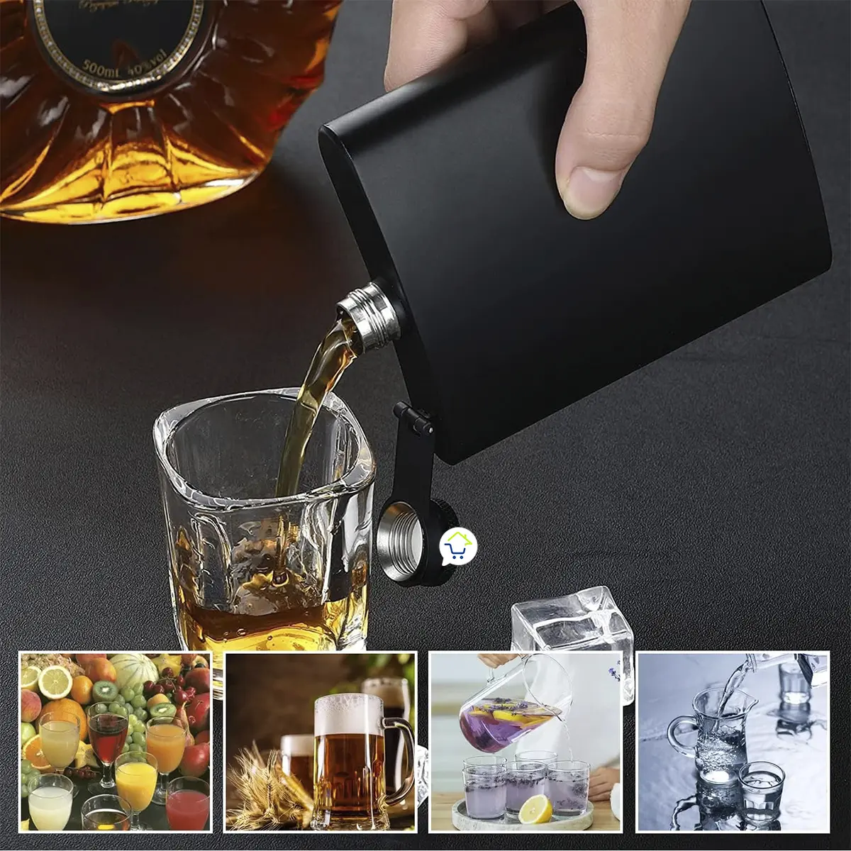 Licorera Whiskera de acero inoxidable vertiendo whisky en vaso shot.