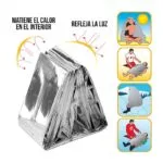 Manta térmica de emergencia plateada para mantener el calor y reflejar la luz, ideal para temperaturas extremas.