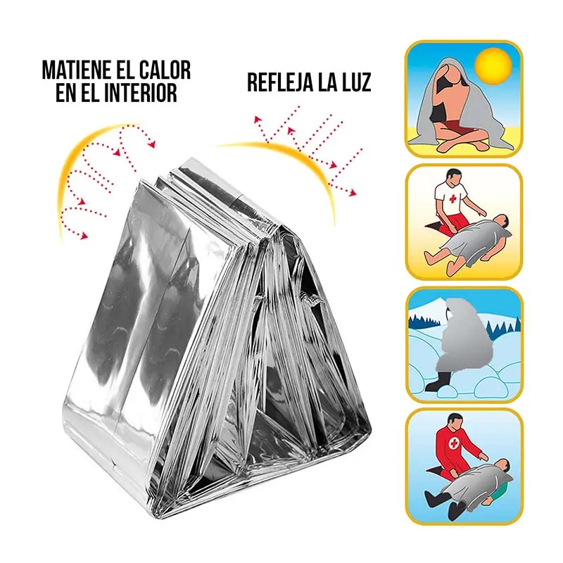Manta térmica de emergencia plateada para mantener el calor y reflejar la luz, ideal para temperaturas extremas.
