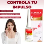 Mavala Uñas Stop: el producto para dejar de morderse las uñas, con una mujer que se muerde las uñas y el producto.