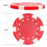 Ficha de poker roja de 4cm con diseño de dados, grosor 3mm.