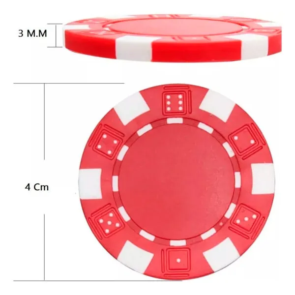 Ficha de poker roja de 4cm con diseño de dados, grosor 3mm.