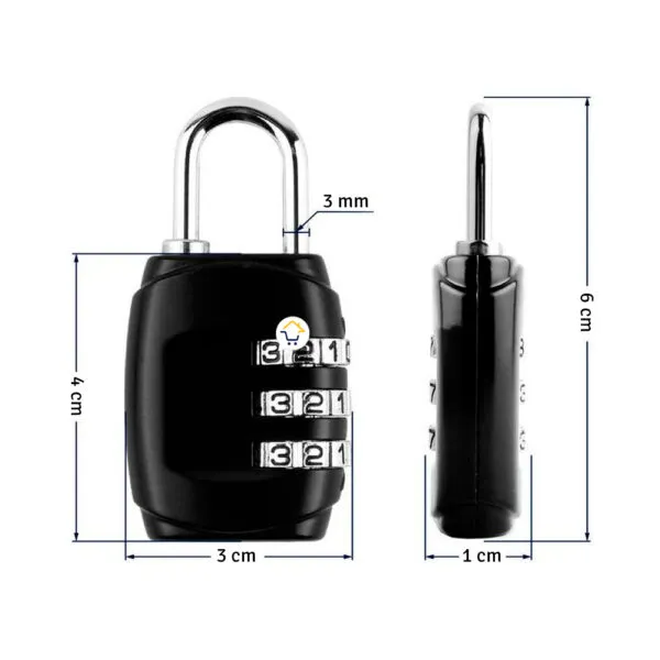 Set x2 mini candados negros con combinación numérica, ideales para seguridad.