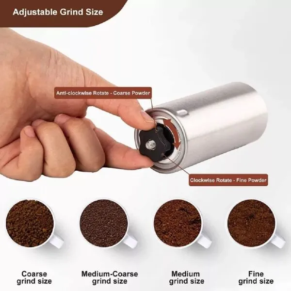 Molino de café manual de acero inoxidable con ajuste de molienda, mostrando granos gruesos a finos.