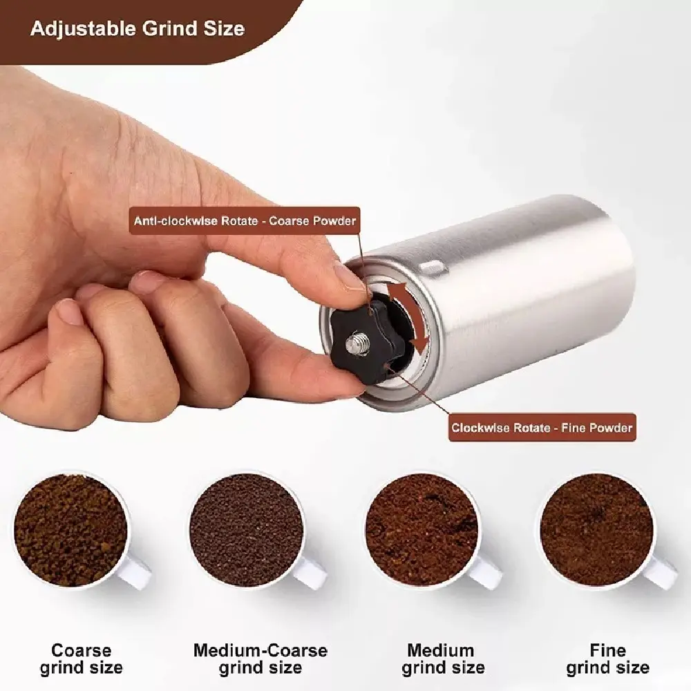 Molino de café manual de acero inoxidable con ajuste de molienda, mostrando granos gruesos a finos.