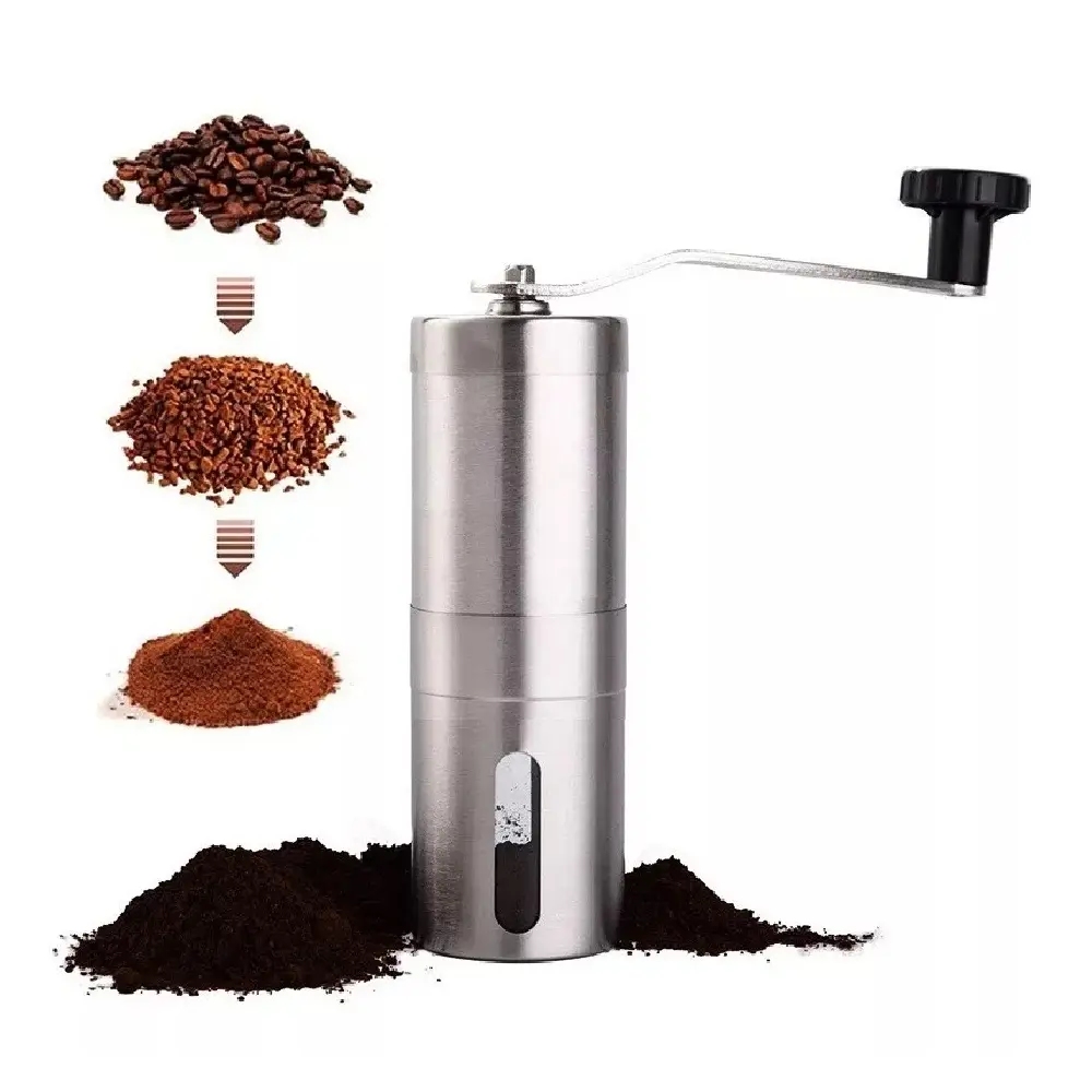 Molino de café manual de acero inoxidable con manivela, ideal para moler granos hasta polvo fino.