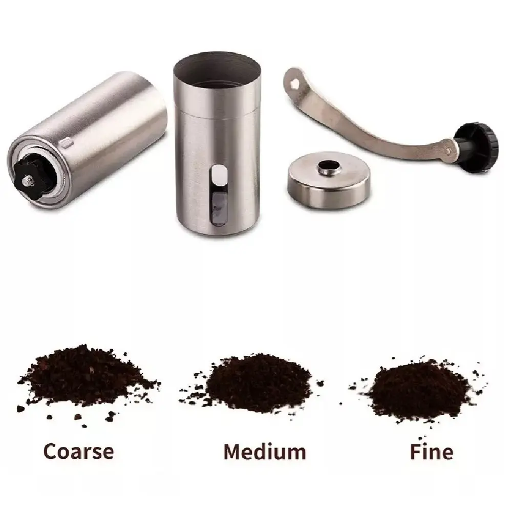 Molino de café manual de acero inoxidable con tres tipos de molienda: gruesa, media y fina.