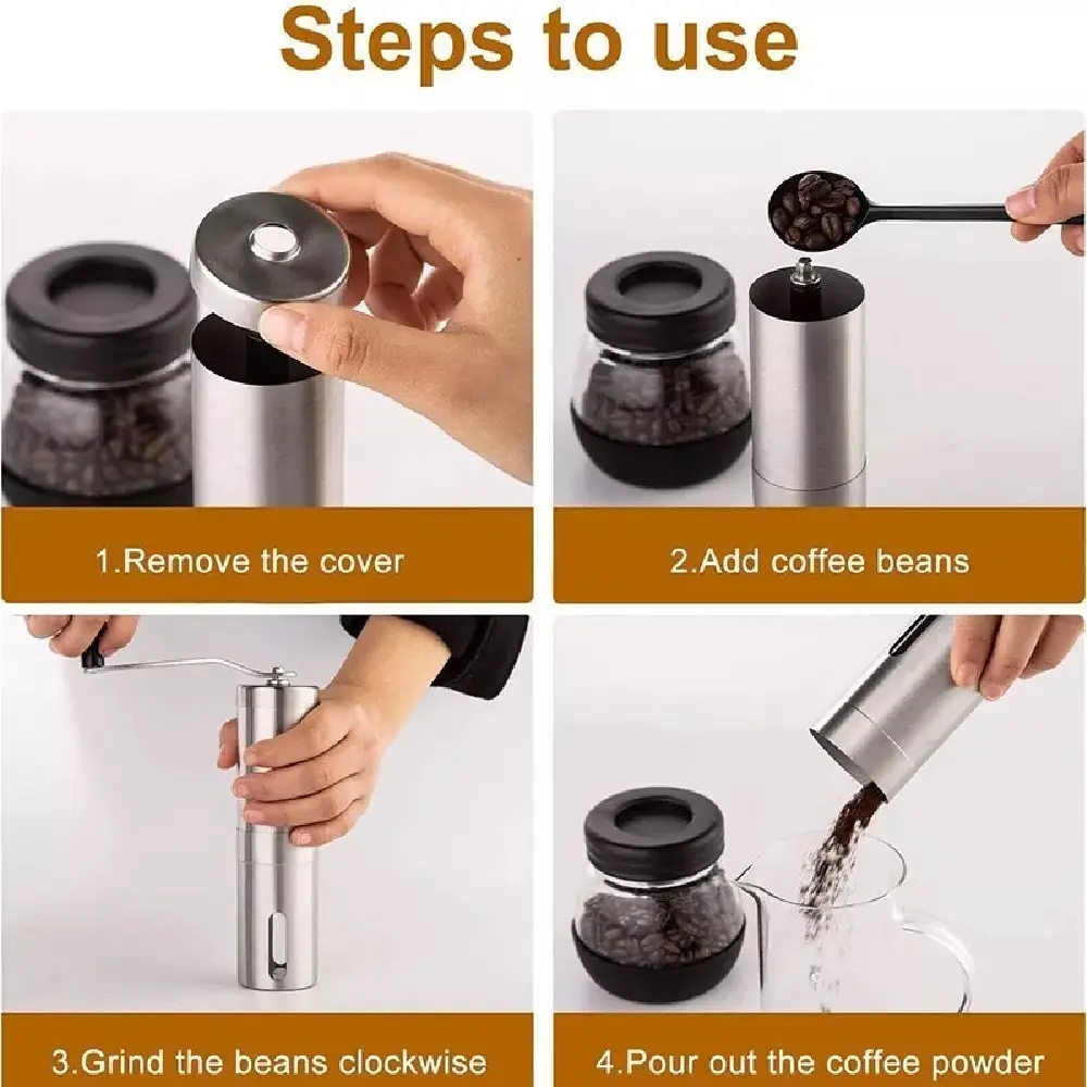 Molino de café manual de acero inoxidable: pasos para preparar café molido.