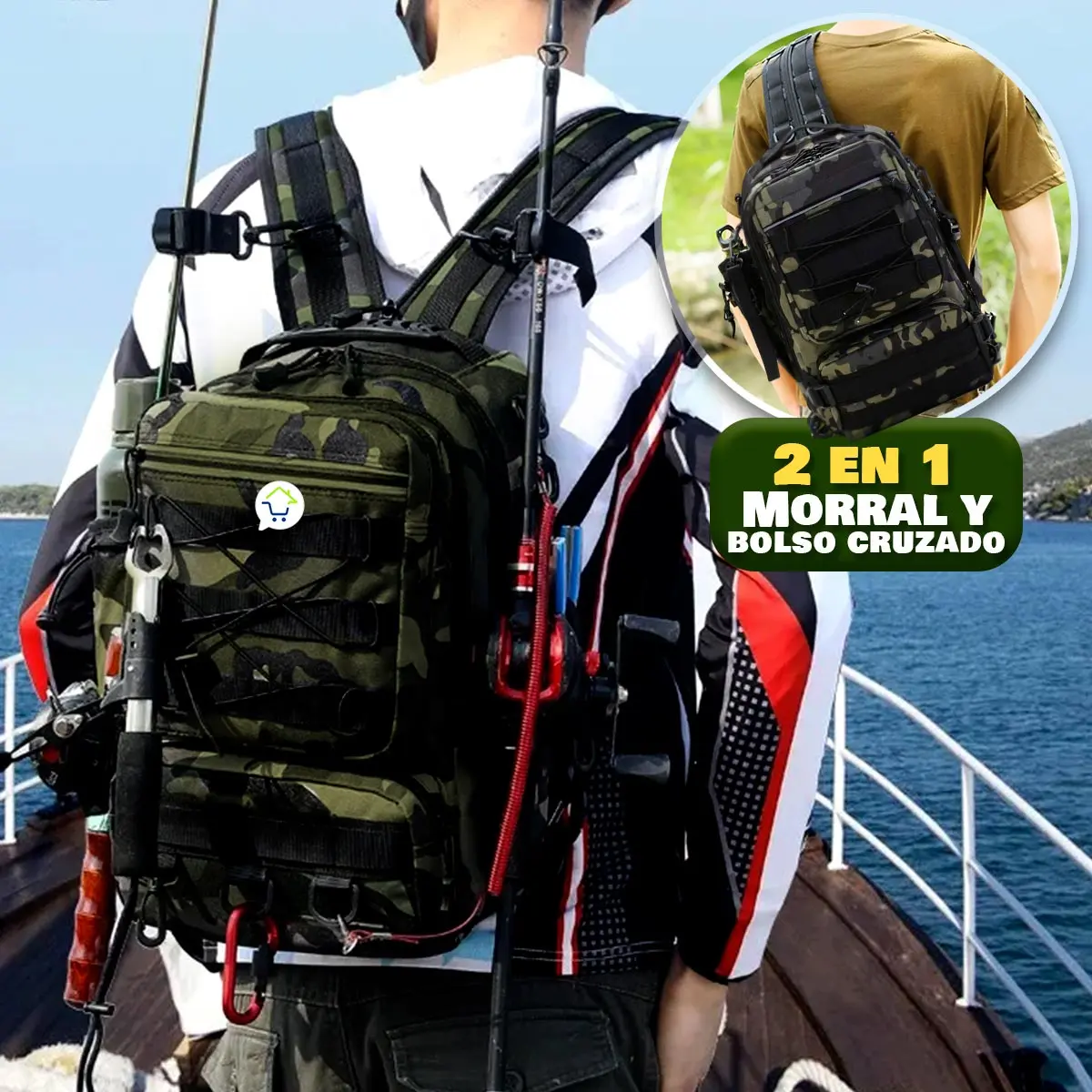 Morral Táctico Militar 2 En 1: Mochila y Bolso Cruzado Camuflado de Pesca