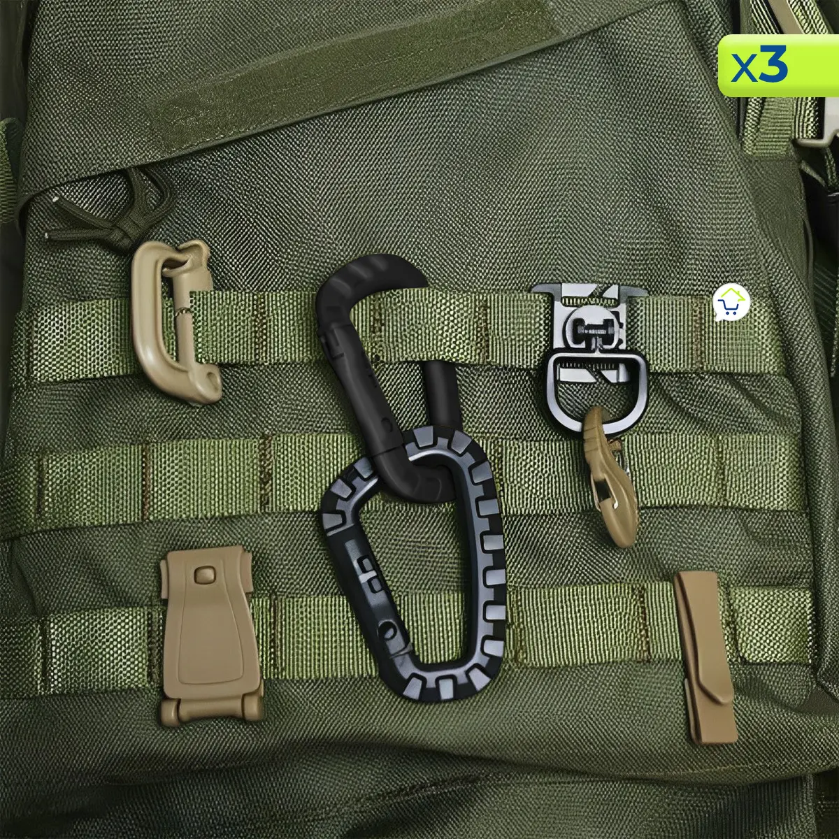 Set x6 mosquetón plástico forma D táctico llavero negro y beige para mochila
