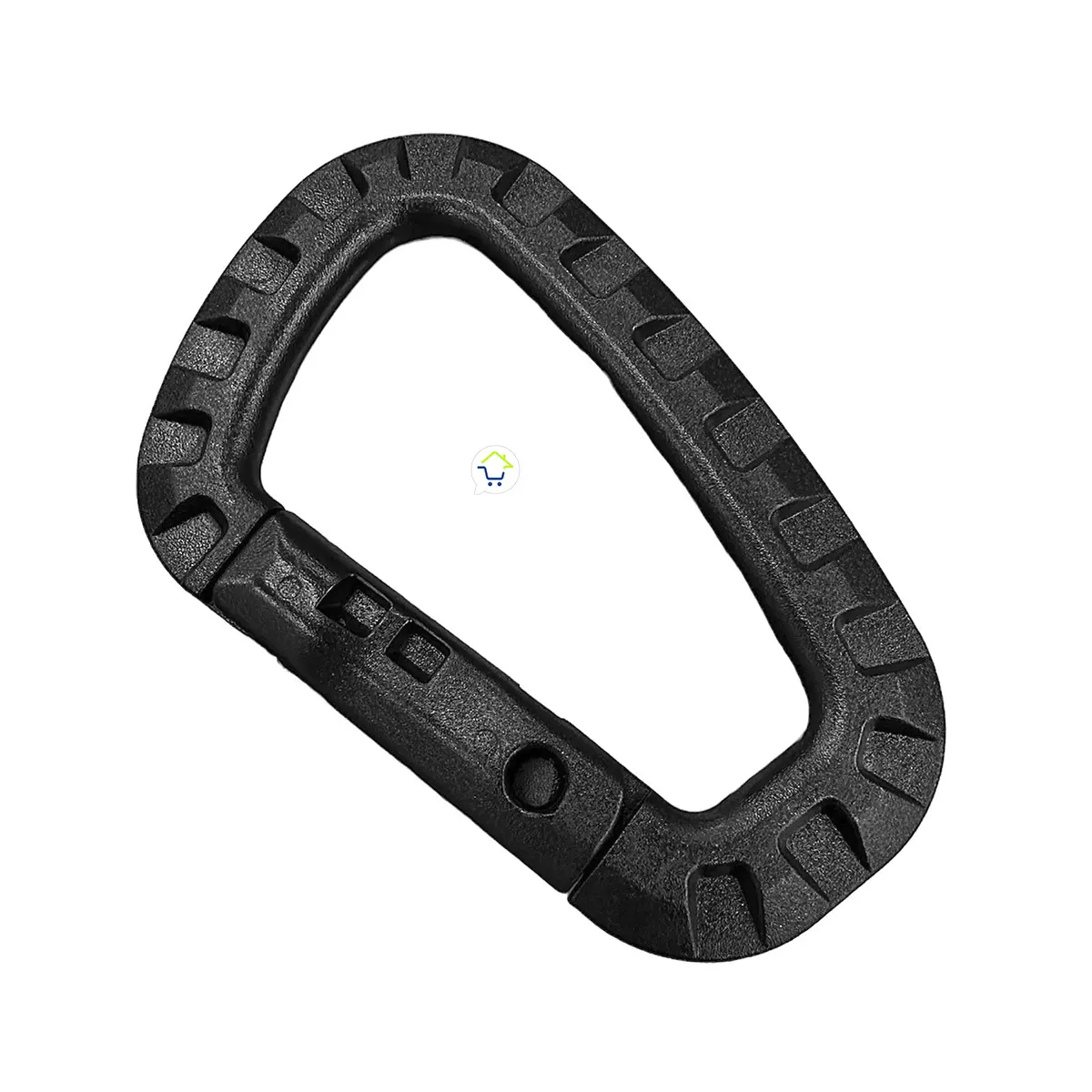 Mosquetón táctico negro forma D para llavero, ideal para camping y exteriores.